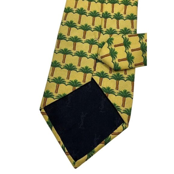 YVES SAINT LAURENT Men's 100% Silk Necktie LUXURY Yellow Palm Tree W:3.7" EUC - Picture 5 of 5